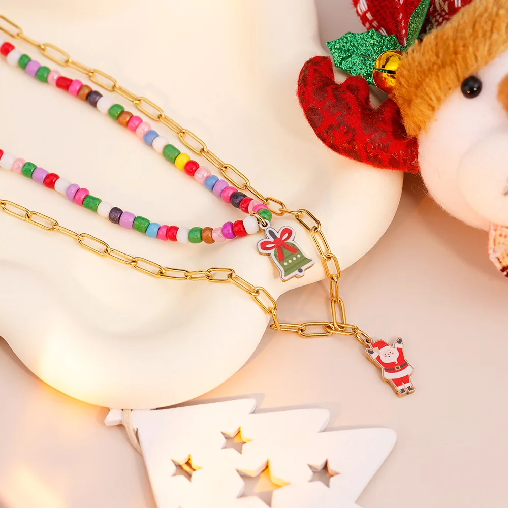 Christmas Necklaces for Women Girls Handmade Rice Beads X'mas Tree Santa Claus Snowman Gift Necklace Pendant New Year Jewelry