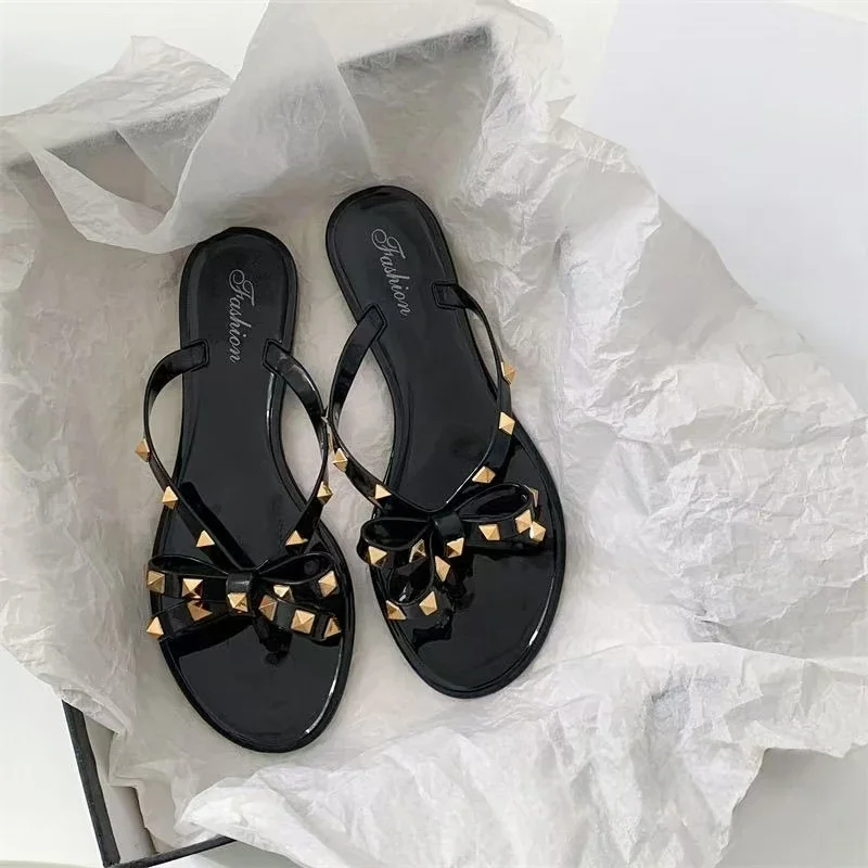 2025 Summer Women Slippers Bow Flip Flops Rivet Flats Sandals Outdoor Transparent Crystal Beach Shoes Female Open Toe Shoes image 3