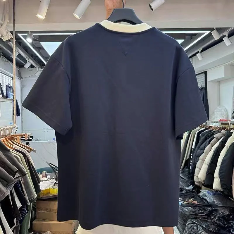 Best Quality Man Woman Oversized Navy Blue T-Shirt Collar Colorblock Fashion Pockets Cotton Heavy Fabrics Tops T Shirt