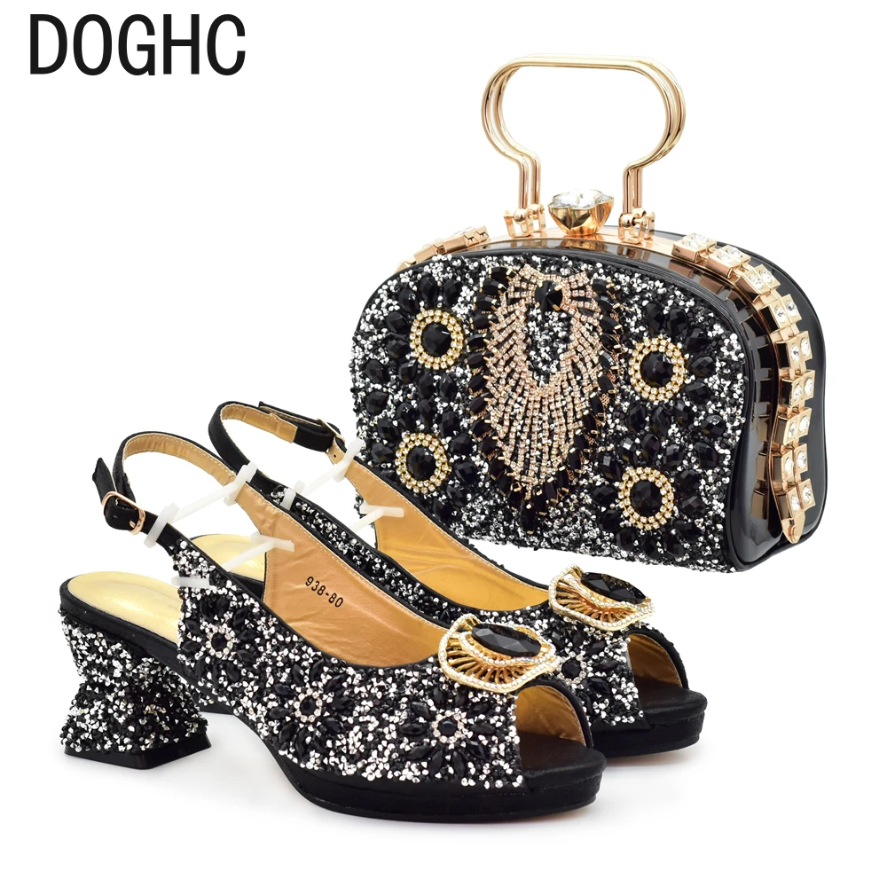 

New Design Fashion Party Shoes and Bag Match for Women Latest Italian Matching Shoes and Bag Set Decorated with Rhinestone