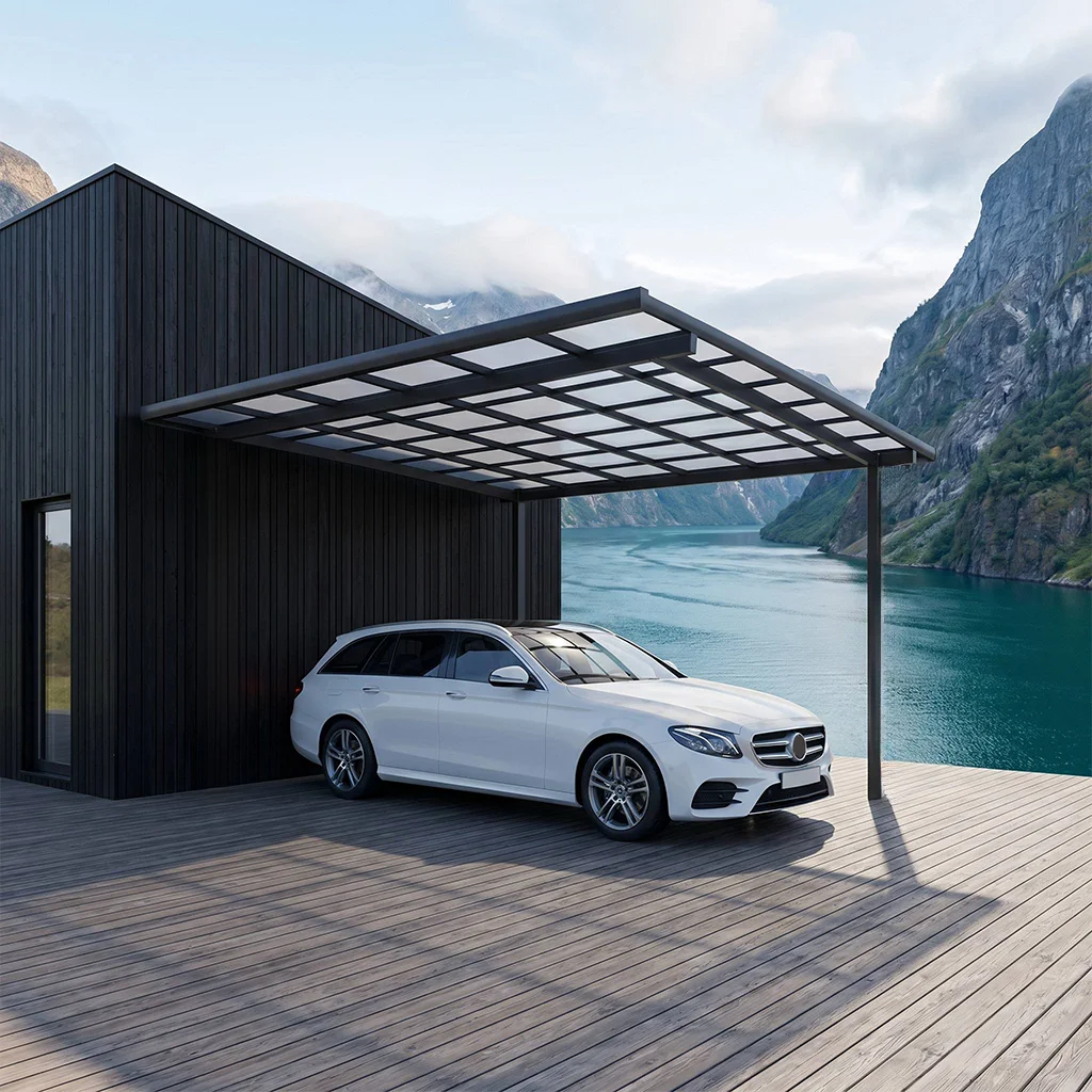 OneAlu Fjord Vila Carport: Windproof Aluminum Polycarbonate Shelter for Scandinavian Waterfront Homes