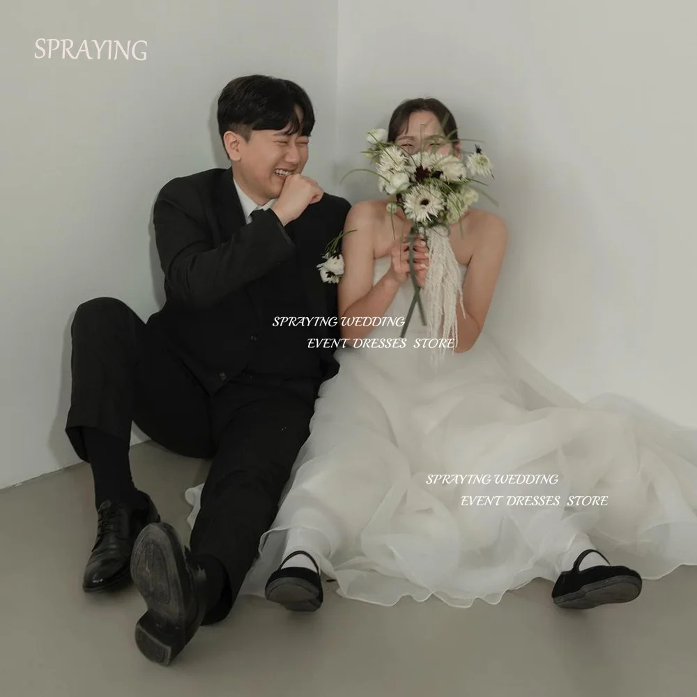 

SPRAYING Korea Wedding Shooting Dresses 2024 Strapless A-line Sweep Train Bridal Gown Elegant Photo Shoot 웨딩드레스 Corset Simple