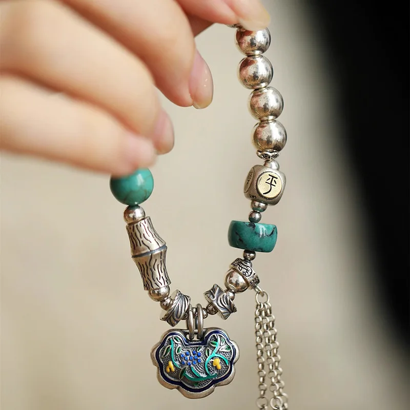 Personality Retro Lock Design Turquoise Stone 925 Sterling Silver Female Charm Bracelet Jewelry Women Birthday Gifts 2026 New