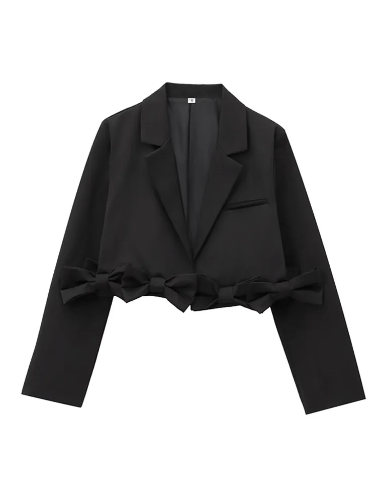 

TRAFZA Female Fashion High Street Blazers Black Turn-Down Collar Long Sleeves Bow Decorate Autumn Short Coats Woman Trendy