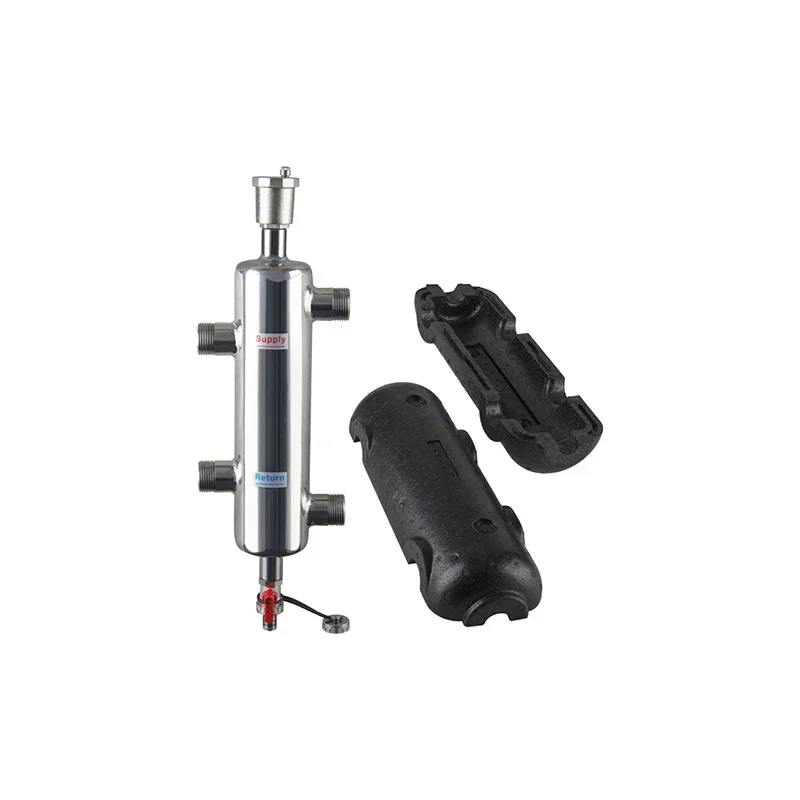 DN20/DN25/DN32/DN40 الفولاذ المقاوم للصدأ S304 مجموعة فاصل هيدروليكي للمياه الساخنة نظام التدفئة والتبريد خزان عازل