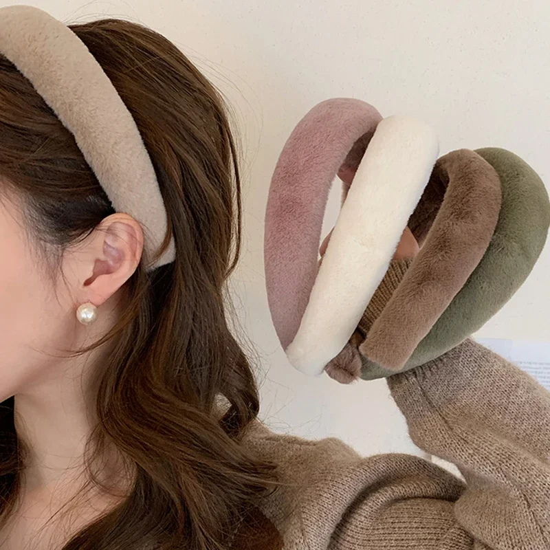 Women Girls Plush Widen Thicken Plush Sponge Hair Bands Faux Fur Padded Headbands Soft Fluffy Furry Hair Hoops Winter Headdress