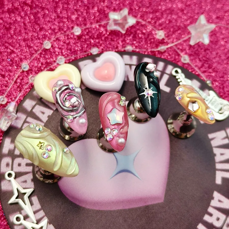 مجموعة مكونة من 10 قطع من الأظافر المزيفة المضغوطة يدويًا، أظافر صناعية سحرية متعددة الألوان، مجموعة أظافر صناعية ملونة وجميلة، #3