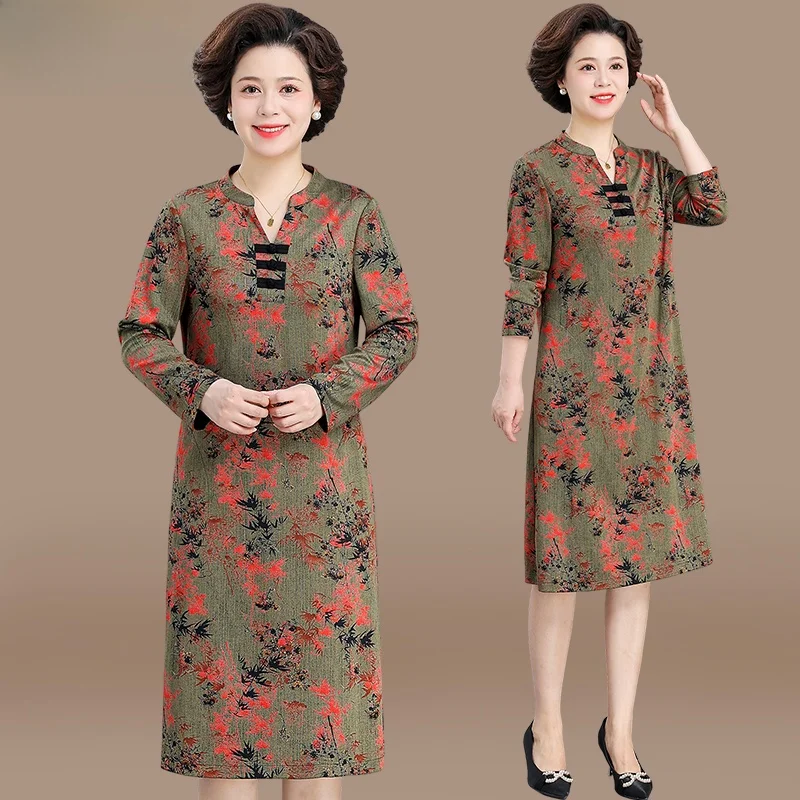 

Модное осеннее платье для женщин среднего и старшего возраста, с длинным рукавом, свободного кроя, для мам, весна-осень, для бабушек