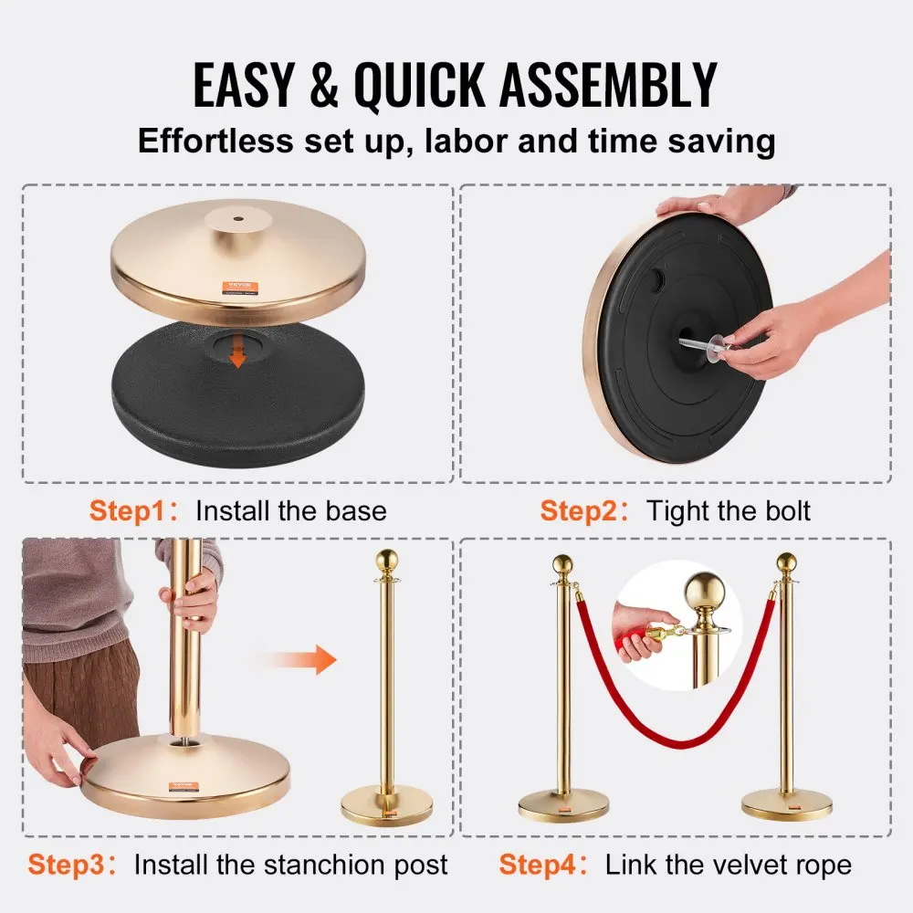 VEVOR 4 PCS Gold Crowd Control Barrier 5 ft/1.5 m Elegant Velvet Ropes and Posts Stainless Steel Stanchion with Ball Top