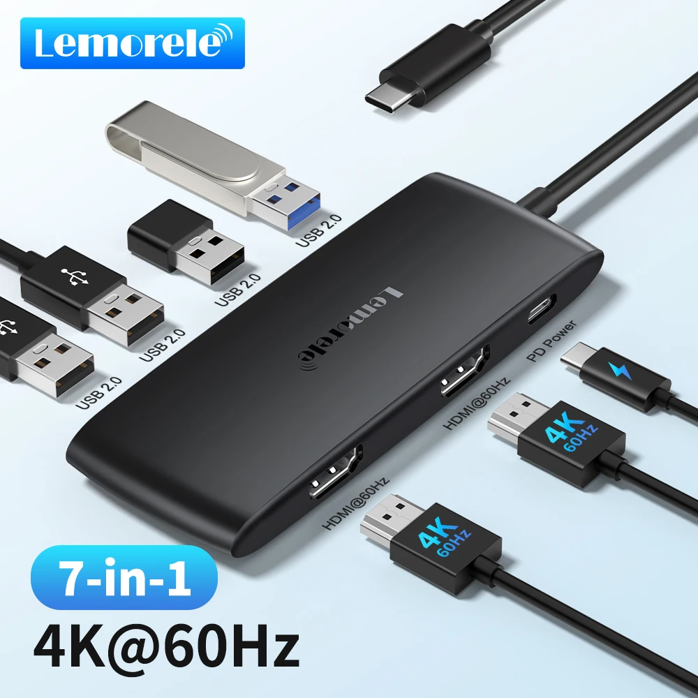 Lemorele 7 in 1 USB C Hub Multiport Adapter Docking Station Type C to 4K Supports Multiple Display Modes 100W PD Fast Charge