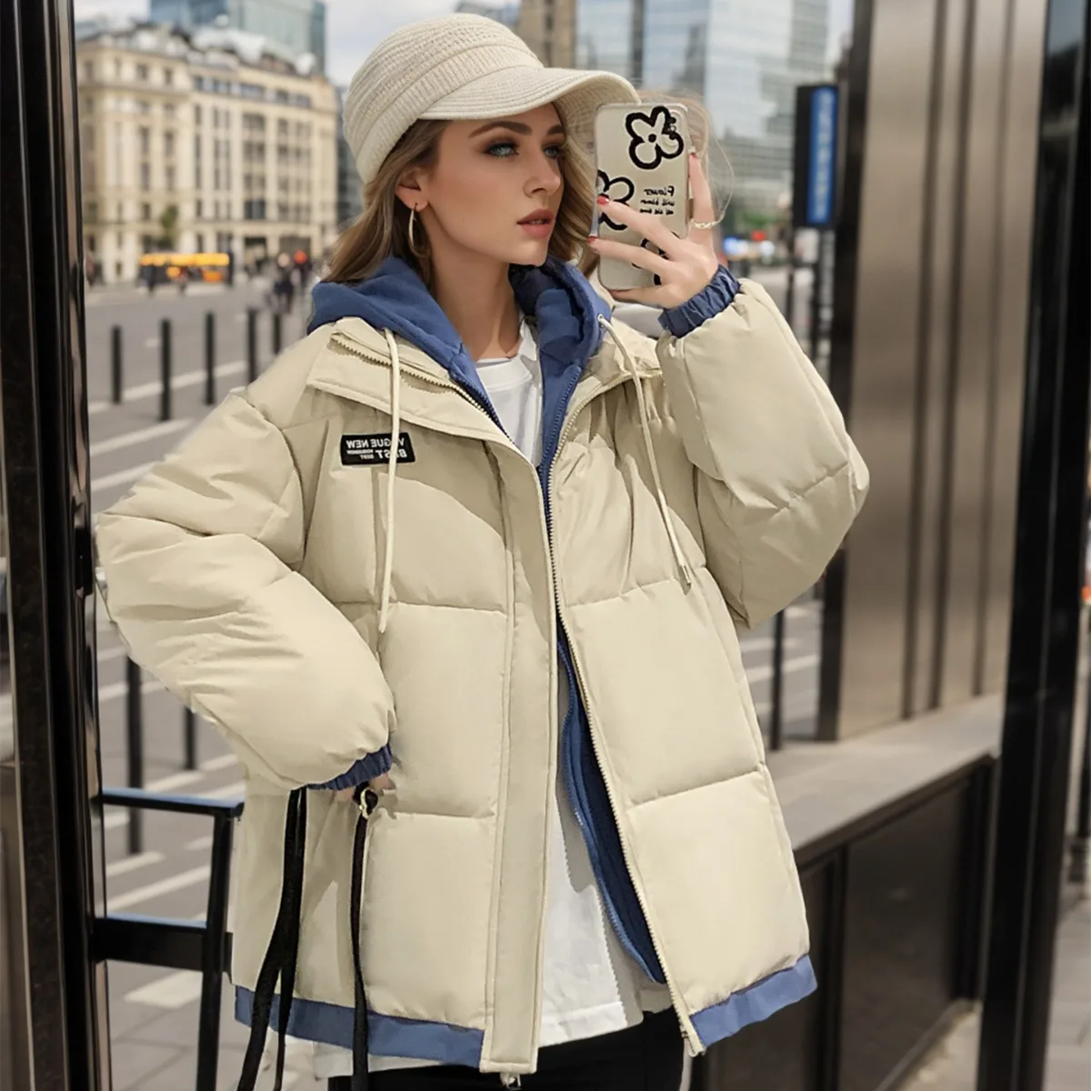 2025 Giacca invernale in cotone da donna Donna Falso in due pezzi Parka con cappuccio a contrasto Cappotti Giacca imbottita calda addensata da donna