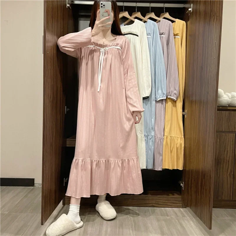 new-long-sleeved-nightgown-female-spring-and-autumn-summer-students-princess-wind-big-size-dress-nightgown-pajamas-homewear