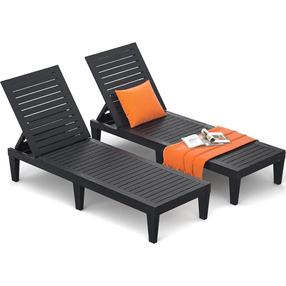 Outdoor Chaise Lounge Chair Set of 2 for Poolside Patio, Water-Resistant Tanning Chair Recliner with Adjustable Backrest, Resin