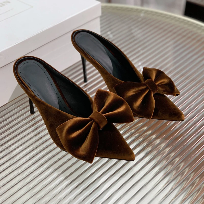 Runway Look Butterfly Knot Velvet Half Head Slipper High-Heel Wedding Genuine Leather Summer Party Stiletto Heel Women Shoes