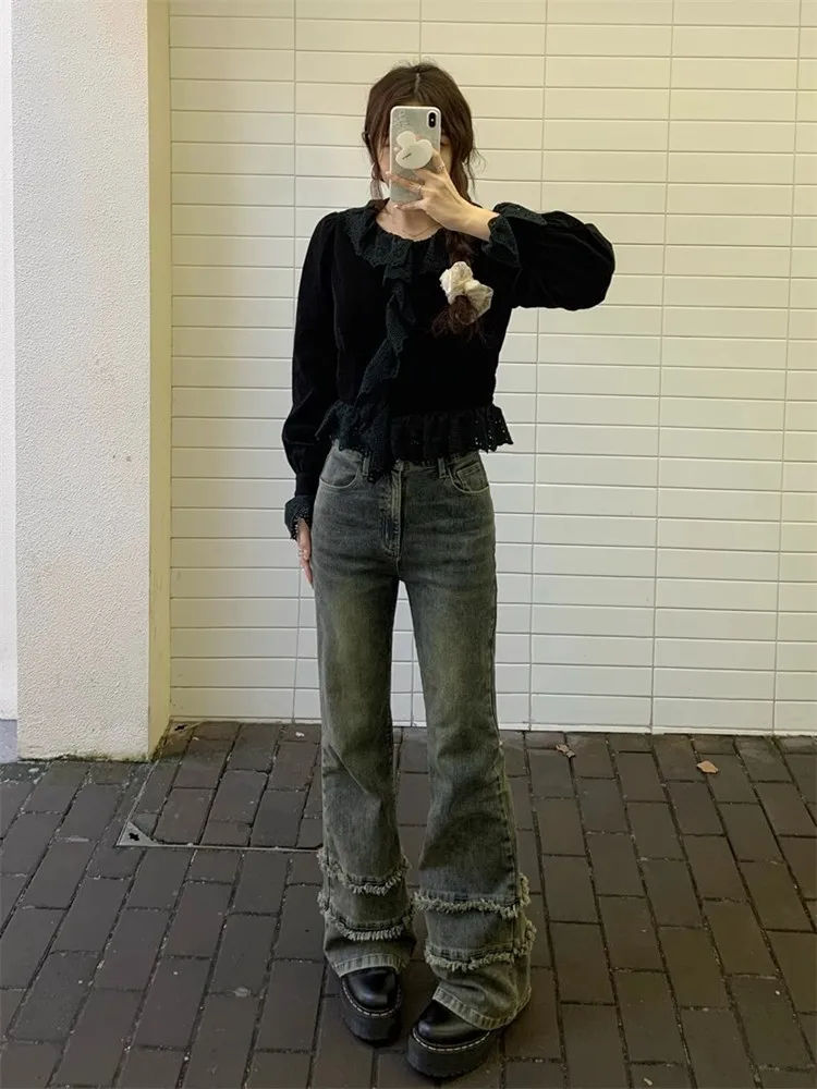 

Flared Jeans Women Vintage Denim Pants Streetwear High Waist Slim Female Pants Harajuku Y2K Trousers