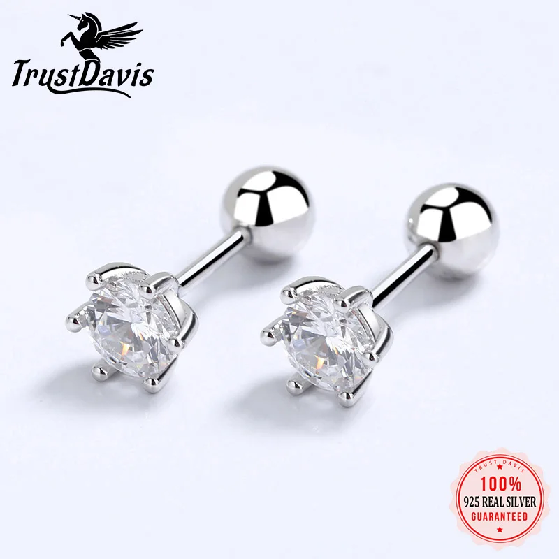 Trustdavis Real 925 Sterling Silver Fashion Six Claw 3/4/5/6/8mm CZ Screw Stud Earrings For Women Wedding Fine Jewelry DA2268