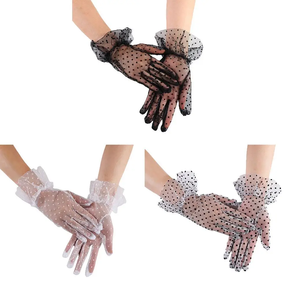 Women Lace Gloves Sexy Lace Short Tulle Full Finger Mittens Driving Cycling Sun Protection Gloves Wedding Gloves