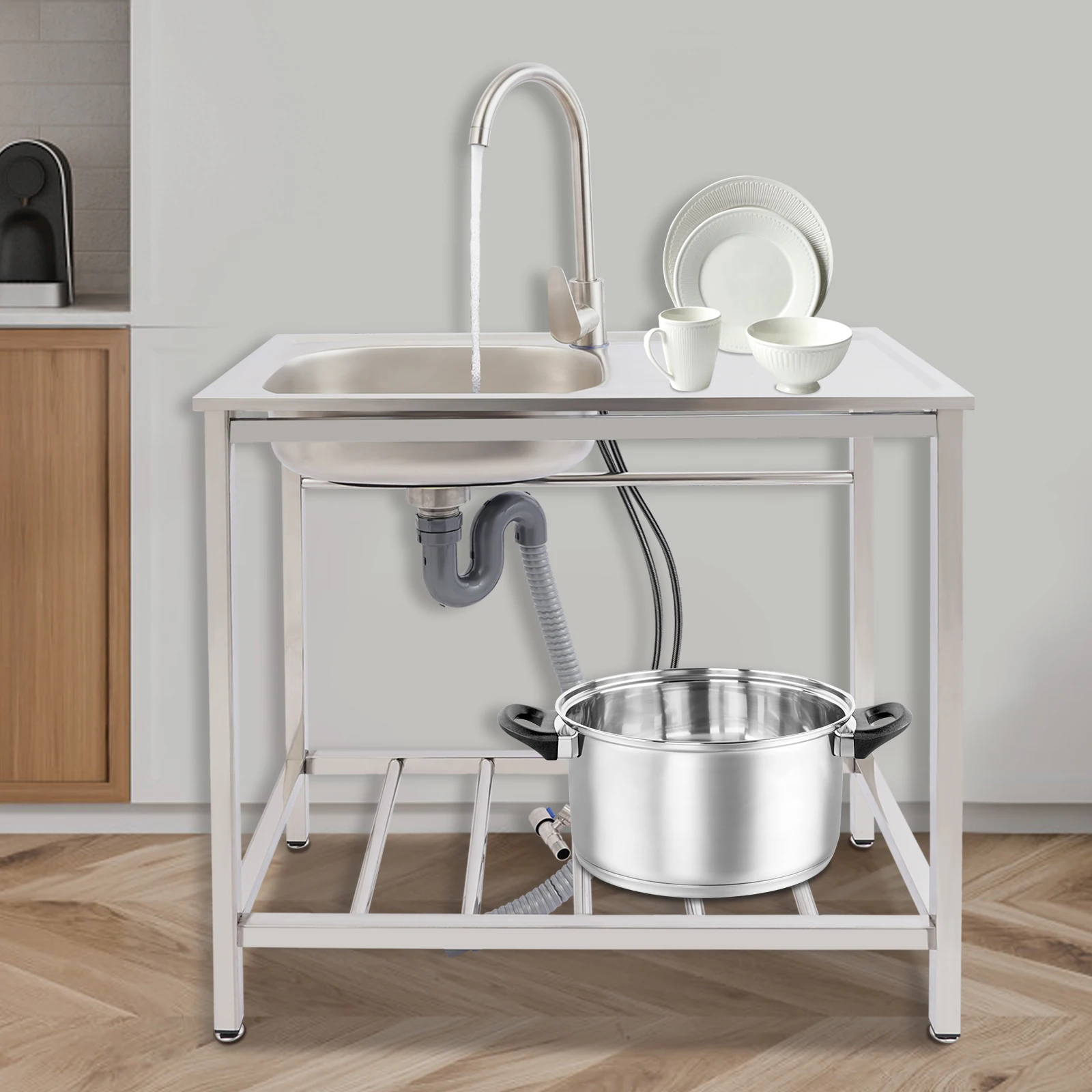 

Современная прямоугольная отдельностоящая кухонная мойка из нержавеющей стали с краном, большая рабочая поверхность для садов и прачечных