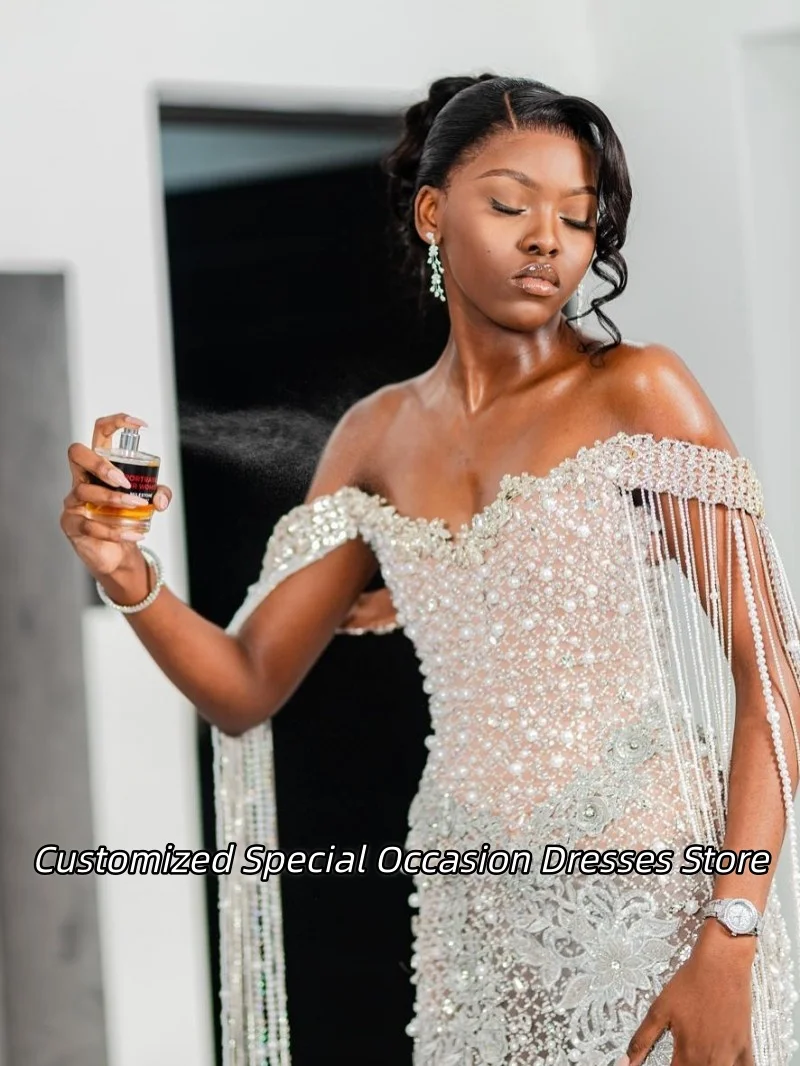 Nigerian Off The Shoulder Beaded Applique Evening Dresses With Luxury Tassel Nigerian Prom Dress Wedding Party Gowns Customized