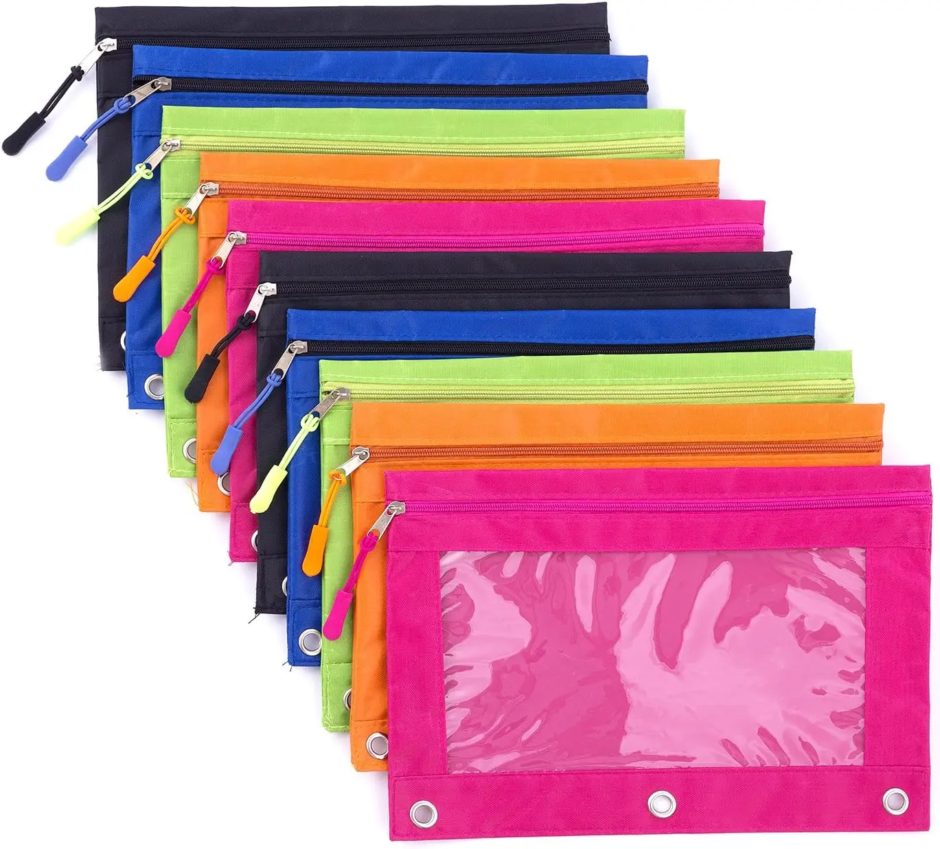 

10 Pack Pencil Pouches for 3 Ring Binder, Clear Window Zipper Pencil Case, 5 Colors, Office School Supplies