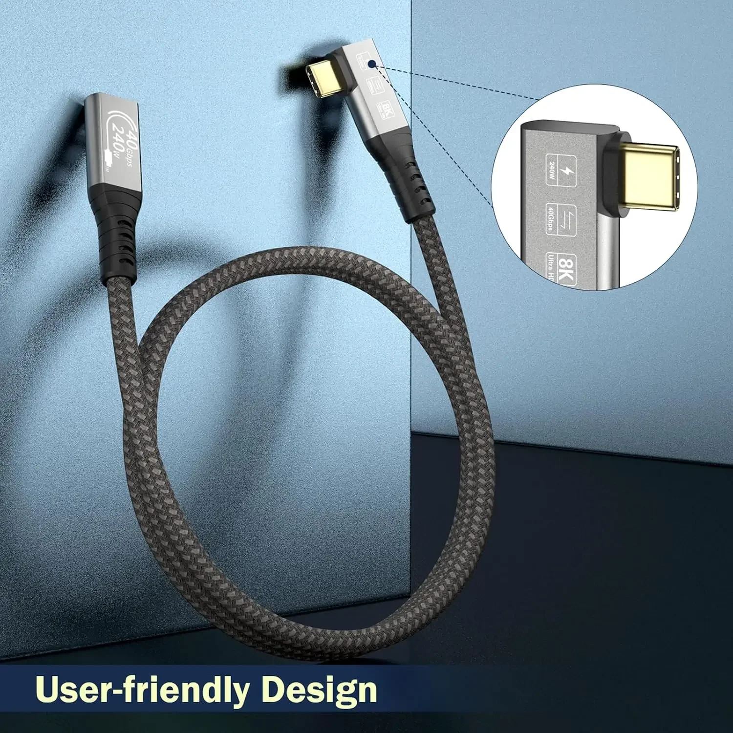 USB4 8K Cable 0.5M Thunderbolt 4 USB 4 Type-c Male Bend to Female Extension Cable Ultra HD 8K@60Hz 100W Charging 40Gbps Data
