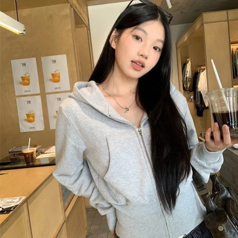 Grey Cropped Hoodie Women - Regular Shoulder Slim Fit Sweatshirt Jacket, American Vintage Spring Fall Open Front Top, Y2K Hot Gi