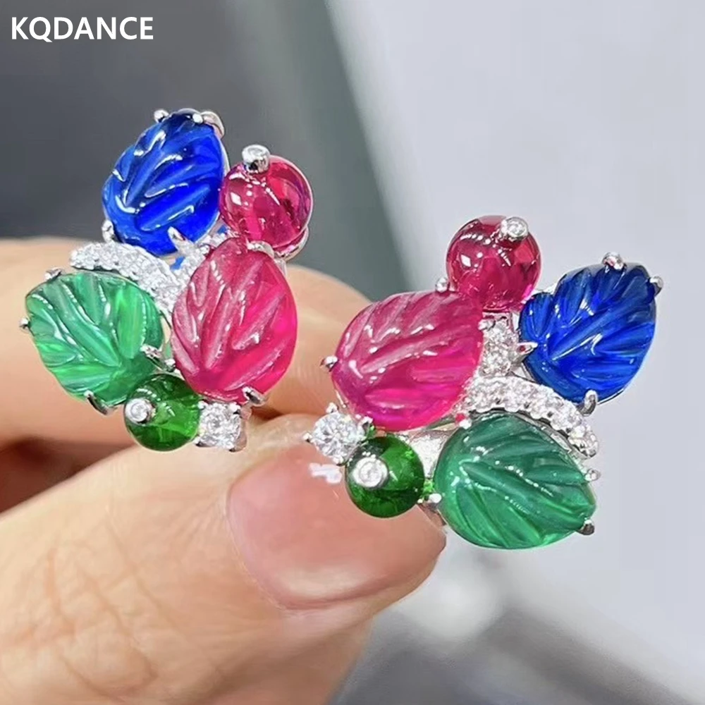 

KQDANCE однотонное серебро 925 пробы с красным, зеленым, синим, гравированным драгоценным камнем, разноцветными листьями, серьги в фруктовом стиле, зажимы для женщин, изящные ювелирные изделия