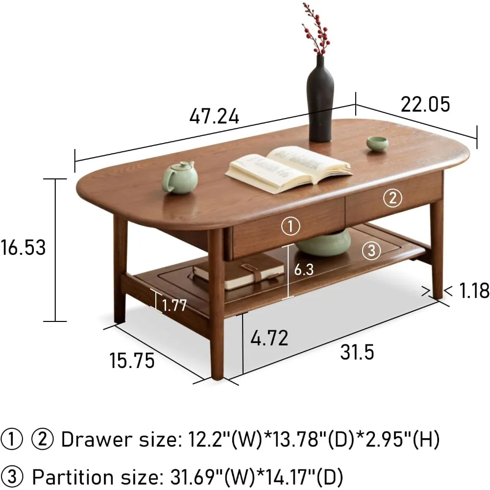 2-Tier Coffee Table - 100% Solid Wood Coffee Table with 2 Drawers and Storage Shelf,Walnut Color (47.24inch)