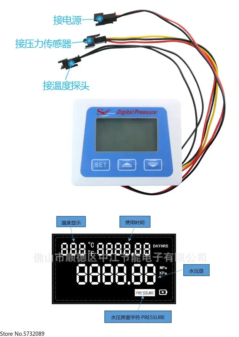 

Pressure detector, digital display, temperature gauge, pressure display