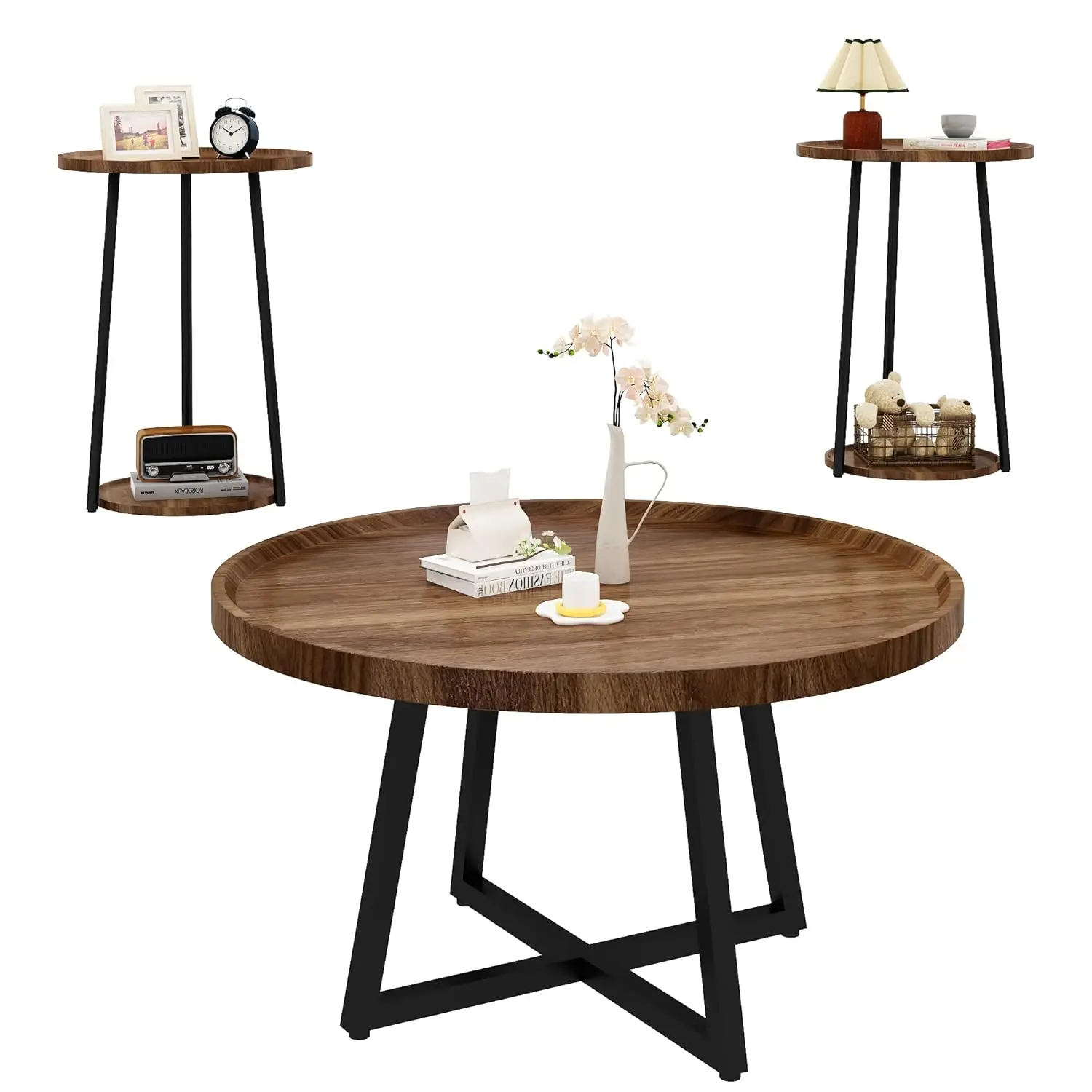 

Vintage Wood Coffee Table & 2 Round End Tables Easy Assembly Living Room Office Apartment Set Brown ,Customized