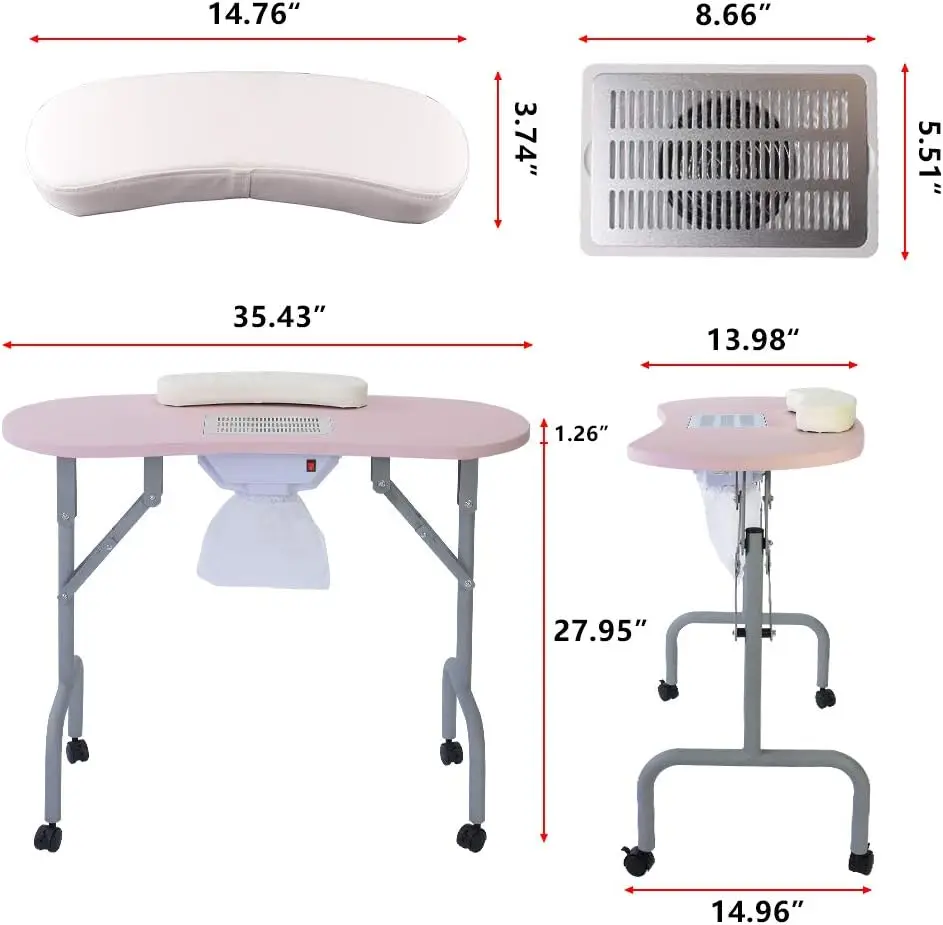 Manicure Table Nail Desk with Dust Collector Professional Nail Tech Table for Technician Spa Salon Workstation, Client Wrist Pad