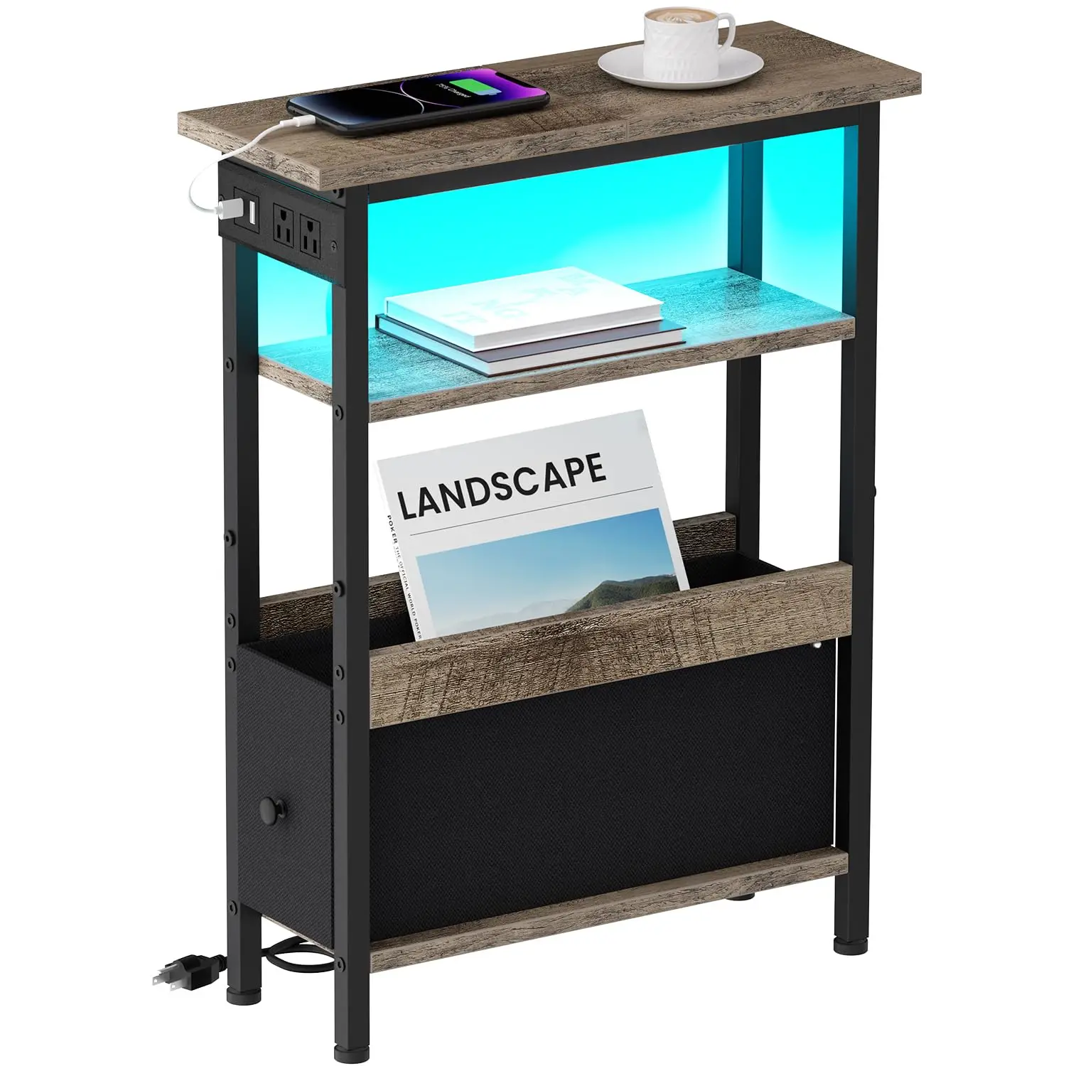 Rustic Brown 3-Tier Side Table With USB-C & USB Charging Ports, LED-Lit Shelf, Compact End Table For Living Room, Bedroom,