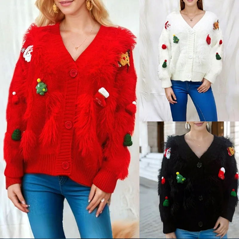 

Women Christmas Cardigan Sweaters Cute Fuzzy Long Sleeve V Neck Button Down Knitwear Coat Female Casual Classic Winter Outerwear