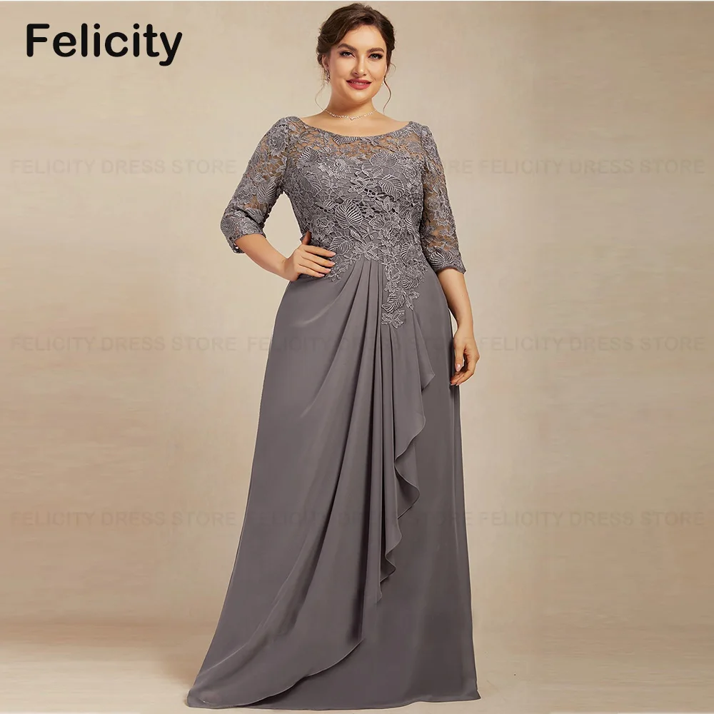 Plus Size Elegant Mother of the Bride Dresses 2023 A-line Scoop Chiffon Lace Ruffle Women Wedding Guest Dress فستان حفلات الزفاف