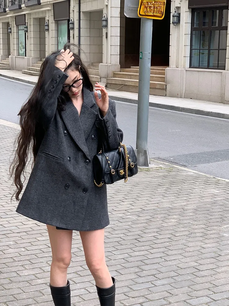 

Autumn Winter Women's Suit Jaet Loose Silhouette Versatile Long Sve Double Breasted Button up Pure Color Commute Sle
