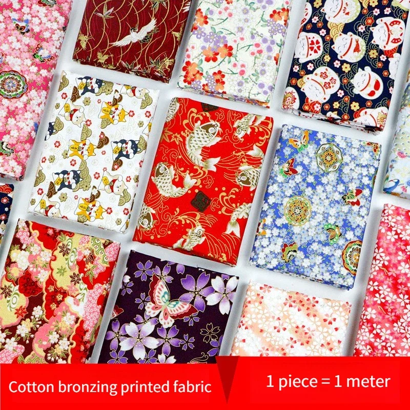 Bronzing Japanese Fabric By The Meter for Tablecloth Kimono Bag Doll Clothes Diy Sewing Soft Flower Fish Cotton Printed Cloth