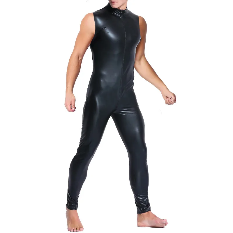 Men PU Leather Jumpsuit Gay Zipper Open Crotch Bodycon Catsuit Sexy Sleeveless Long Rompers Nightclub Stage Leotard Man Bodysuit