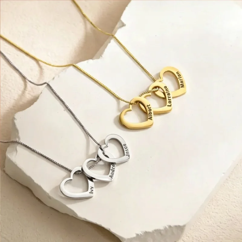 Custom Stainless Steel Heart-Shaped Name Necklace with Delicate Box Chain.Personalized Multi-Heart Pendant & Family Name Jewelry view 6