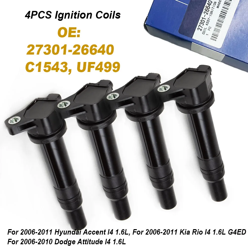 

4PCS Ignition Coils 27301-26640 For Hyundai Accent Dodge Attitude Kia Rio l4 1.6L Kia Rondo l4 2.4L UF499 C1543 2730126640