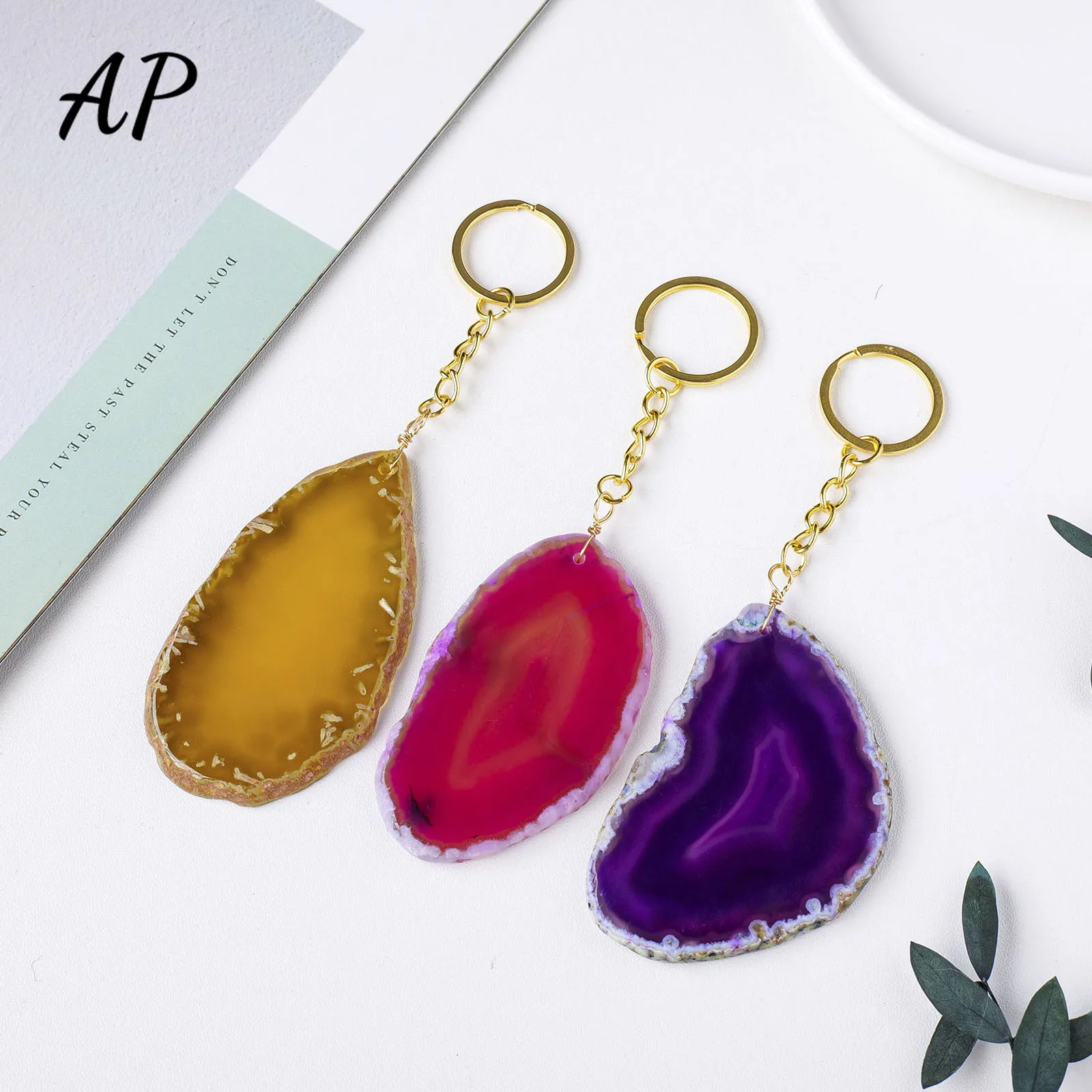 1PC Colorful Agate Slice Crystal Key Ring Hand Made Healing Gemstone DIY Reiki Gemstone Key Ring Crystal Crafts