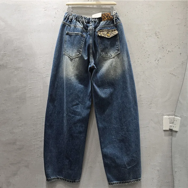 2026 New Autumn Large Size Vintage Washed Hole Wide Leg Jeans for Women All-match High Waist Floor-length Straight Denim Pants