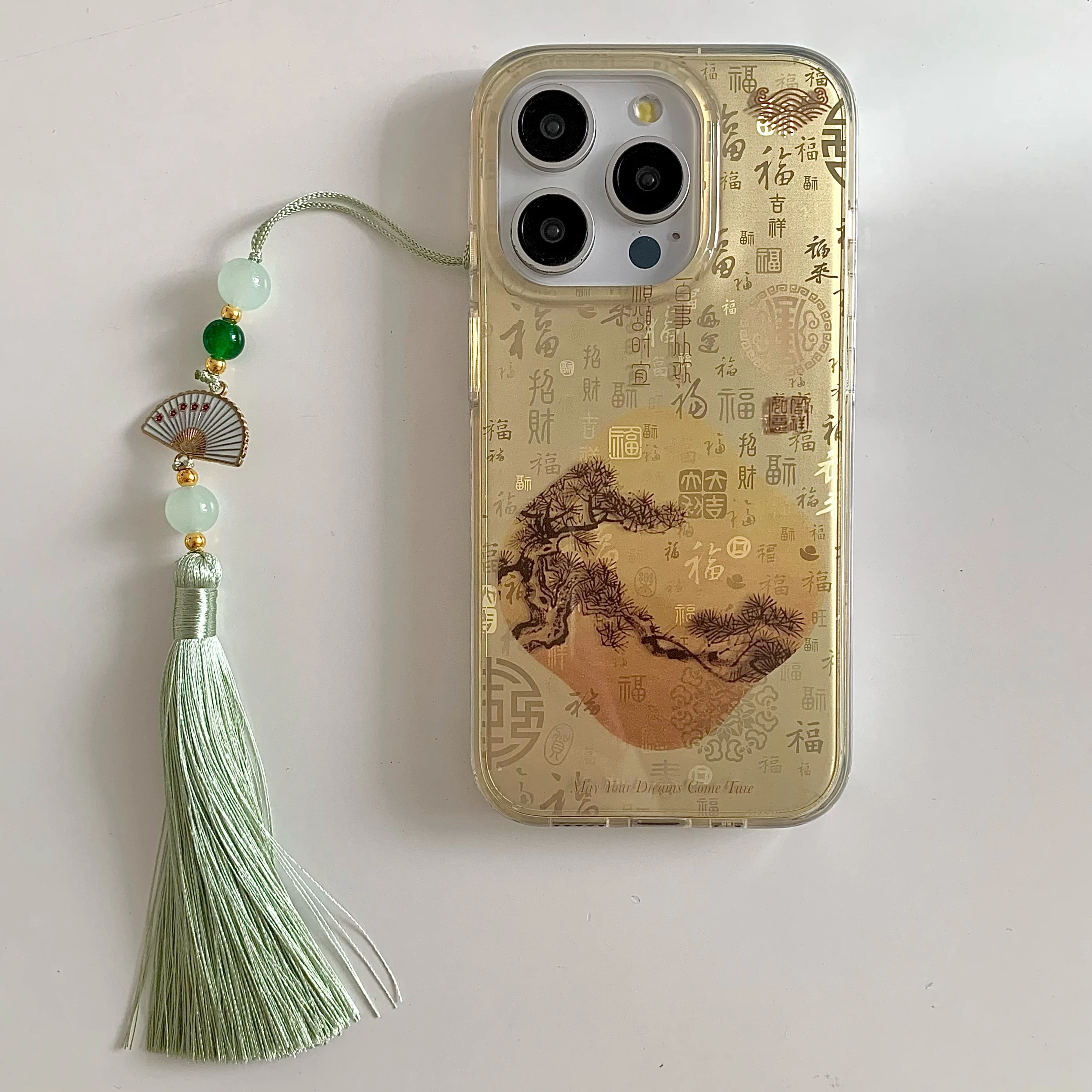 Auspicious INS Matte Chinese Style Greeting Pine Tassel Dangle Phone Case for iPhone 16 15 14 13 Pro Max Back Phone Cover Capa