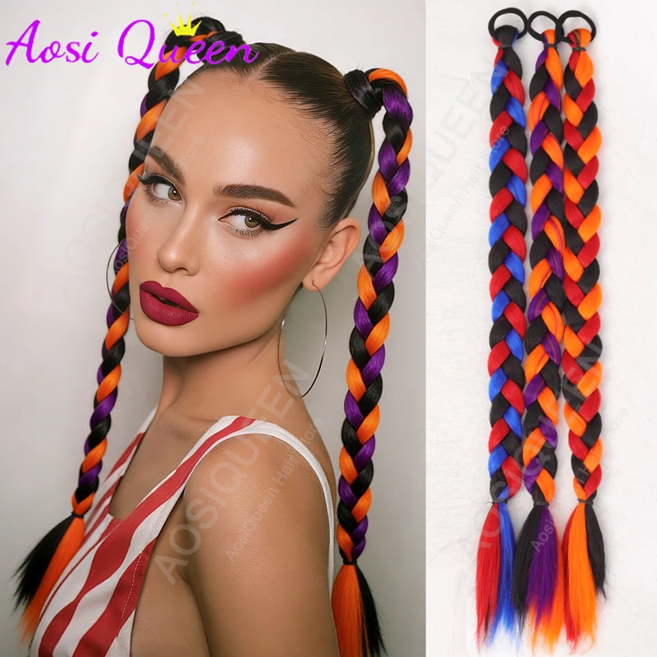 

24-дюймовые синтетические разноцветные плетеные пряди для волос с резинкой для женщин, для ежедневного использования, аксессуары для волос