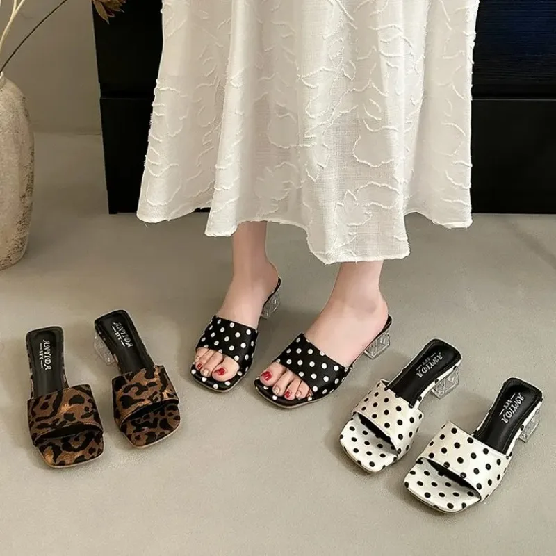 

YNPO Polka Dot Clear Crystal Thick Heel Women Slippers Fashion Slip On Dress Slide Concise Open Toe Daily Dating Summer Footwear