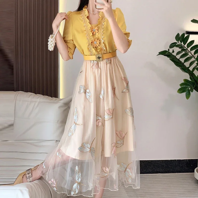 

Yellow Vintage Ruffles Tops + Mesh Skirts Women Elegance 2023 Summer Two Piece Sets Ladies Party High Waisted Skirt Sets Lace