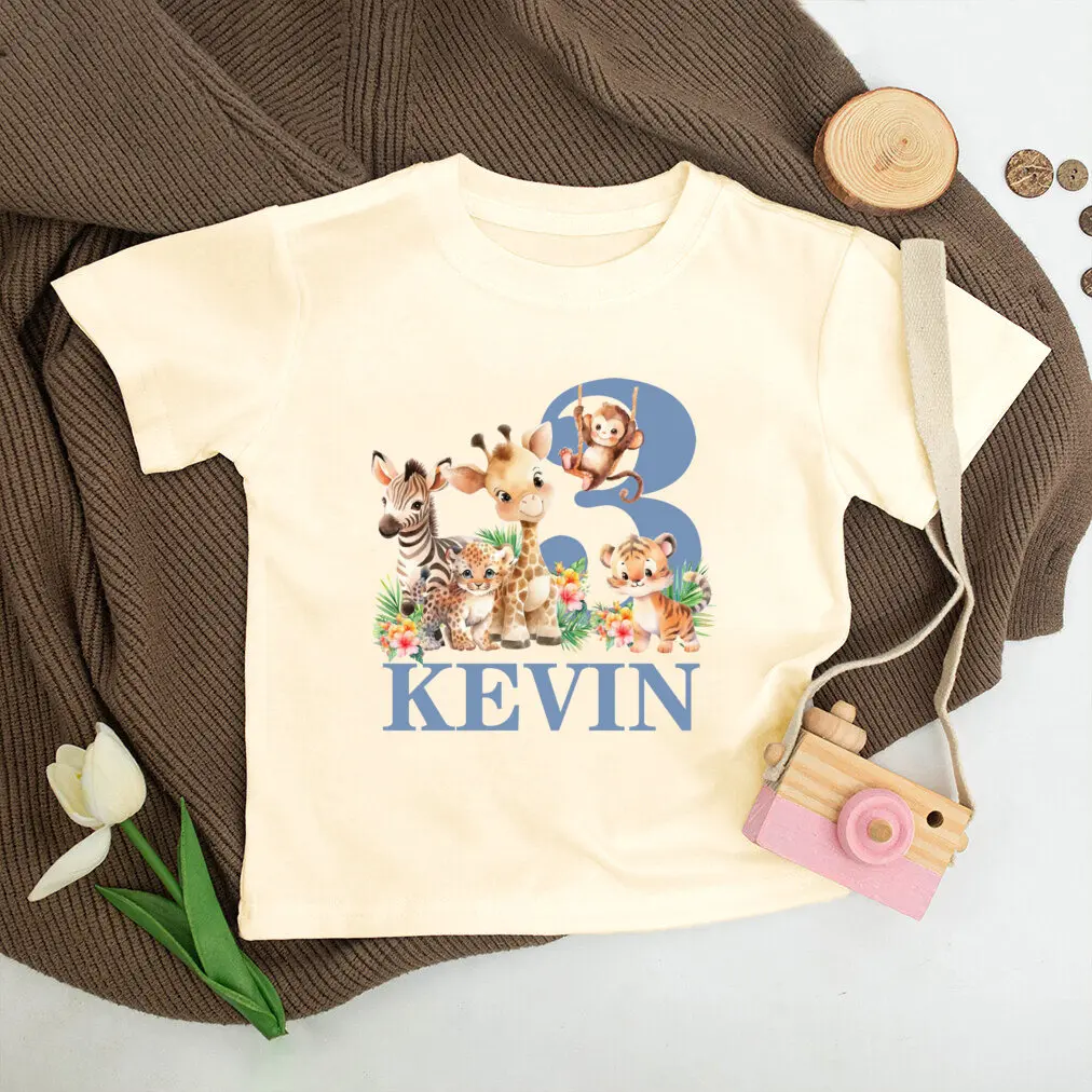 Personalized Birthday Shirt 1-5 Years Jungle Party Shirt Wild Tee Girls Boys Tshirt Animal with Name Outfit Kids Retro Clothes