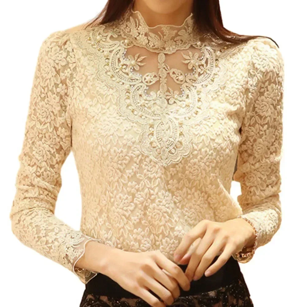 Lace Women Blouses Casual Solid Half High Collar Hollow Out Shirt Embroidery Loose Tops Blouses Spring Tunic Elegant Blusas