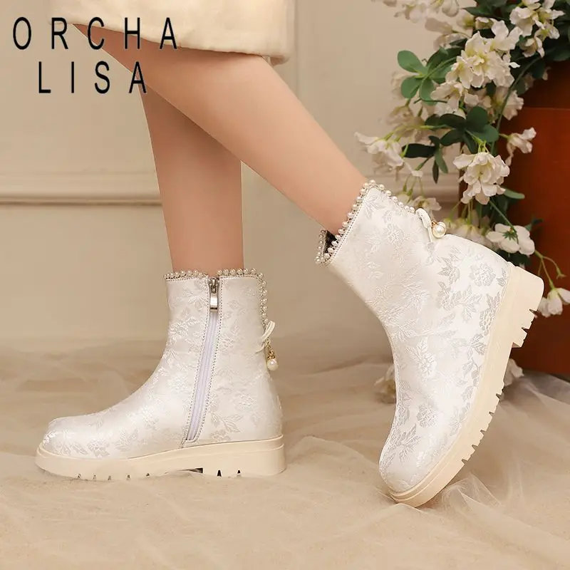 

Fashion White Women Mid Calf Boots Round Toe 2.5cm Low Heels Zipper Bowknot Beads Large Size 42 43 Daily Women Autumn