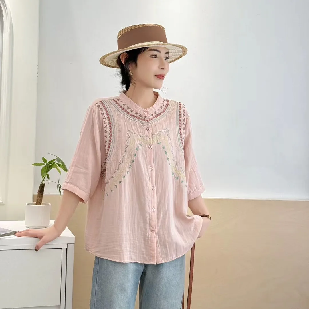 Novo 2025 verão algodão fio meia manga camisa, feminino o pescoço bordado retalhos, mori menina doce commute blusa solta t55216cc