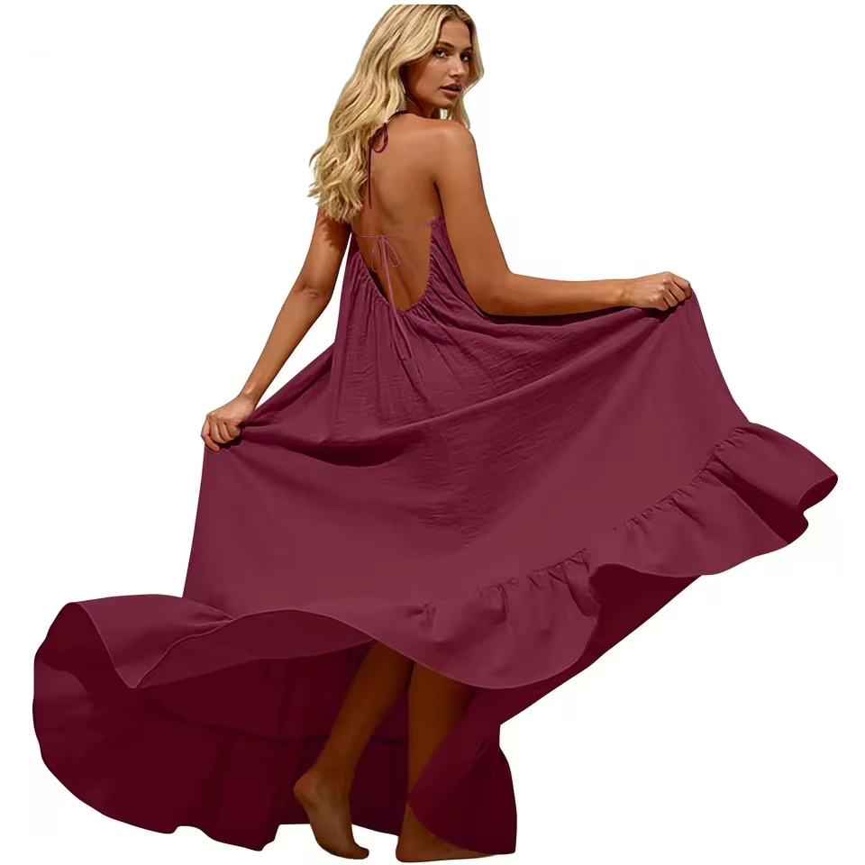 

Women Fashion Sexy Sling Dress Backless Retro Elegant V Neck Party Club Dress Summer Dresses For Women 2025